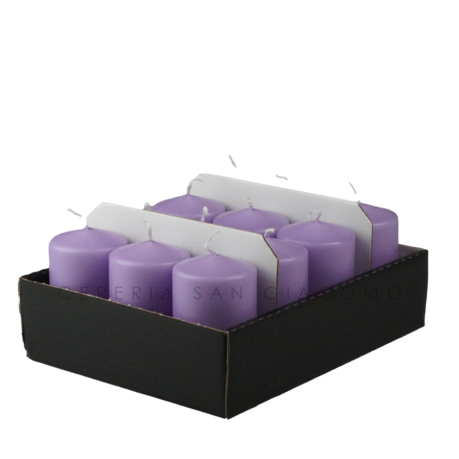 Candele Cilindriche Ø60 mm. h 100 mm. Lilla in vassoio da 12 durata ±28 ore Candele-cereriasangiacomo