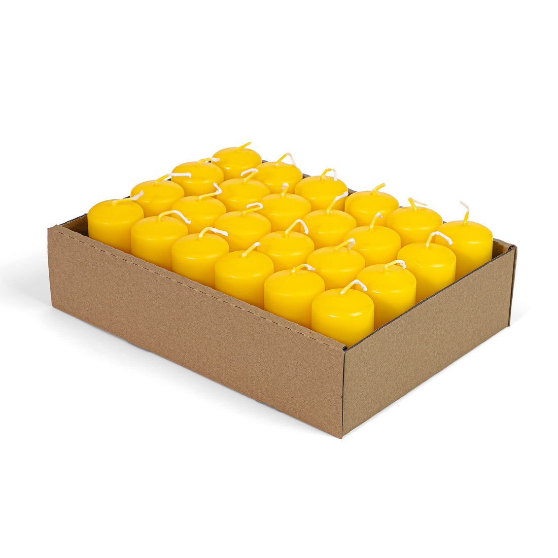 Candele Cilindriche Ø40 mm . h 80 mm. Gialle in vassoio da 24 pezzi durata ±18 ore
