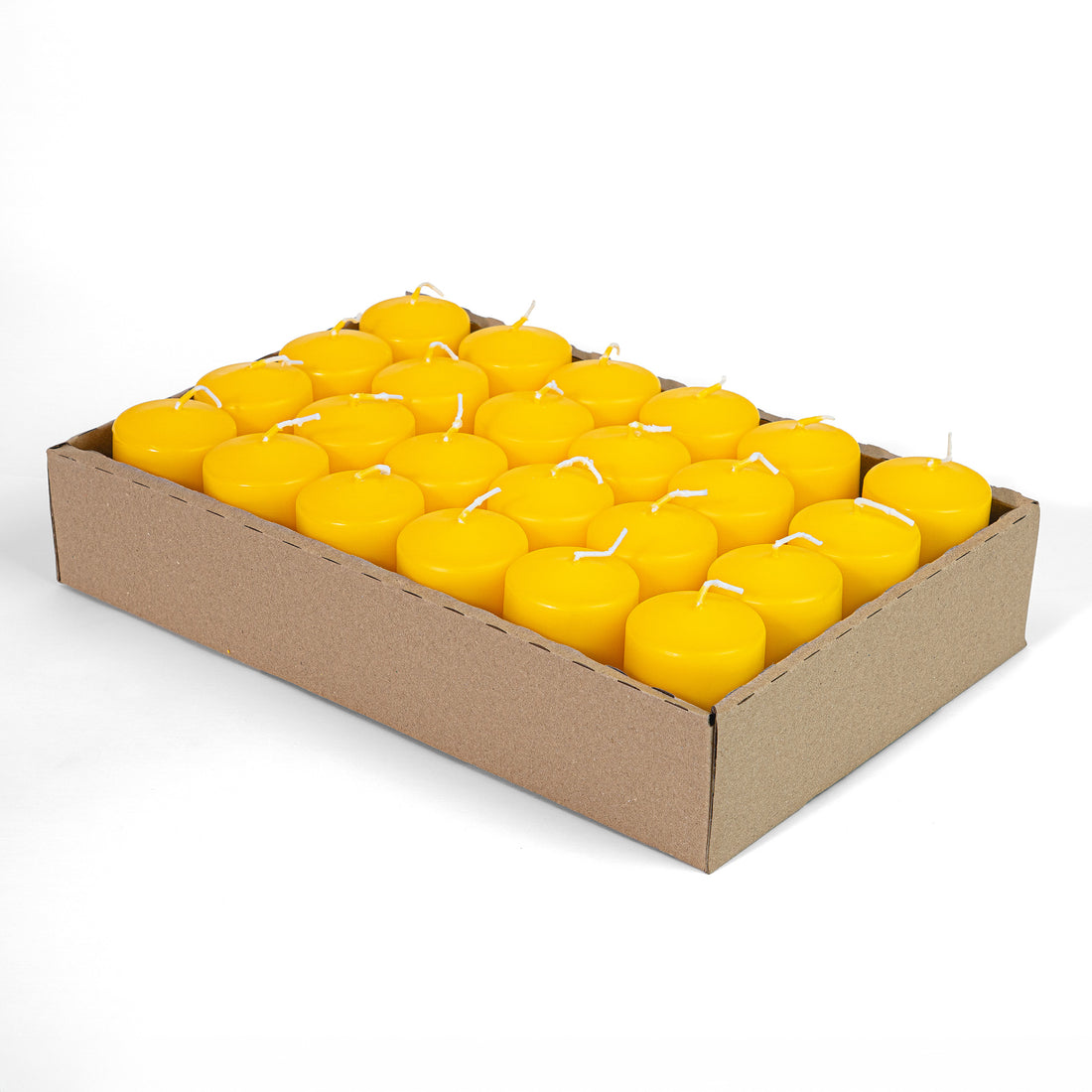 Candele Cilindriche Ø50 mm . h 80 mm. Gialle in vassoio da 24 pezzi durata ±26 ore