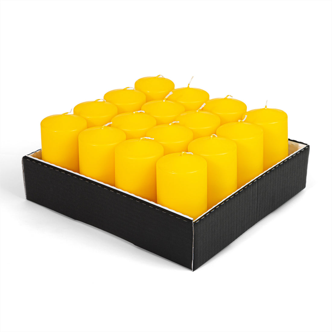 Candele Cilindriche Ø60 mm . h 120 mm. Gialle in vassoio da 16 pezzi durata ±51 ore