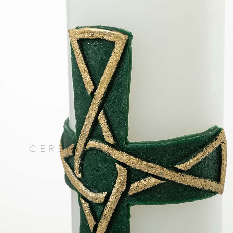 Paschal candle in white wax complete with embossed wax images of the "Intertwined Green Cross"