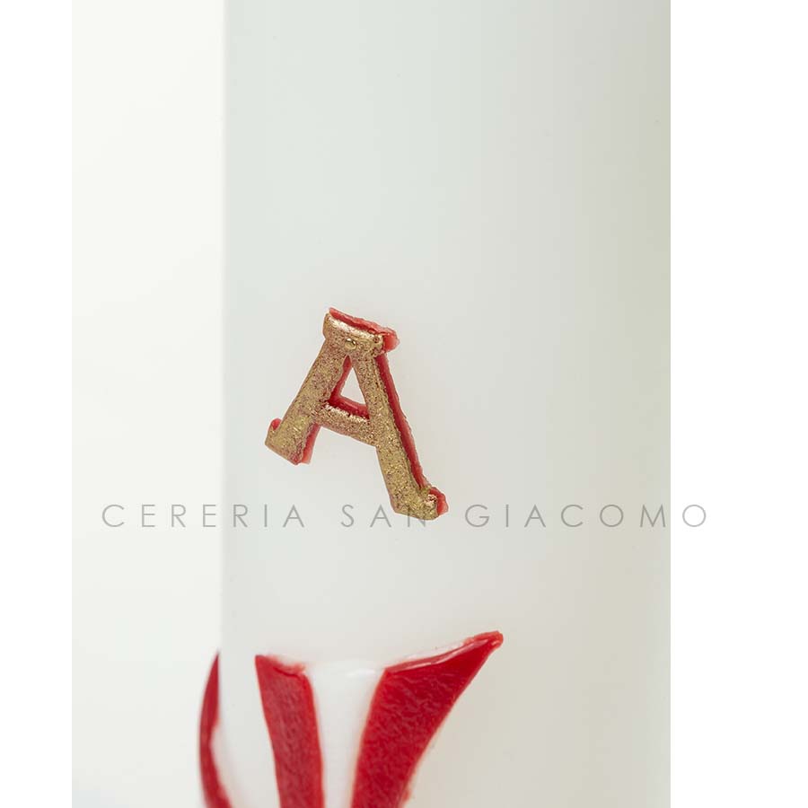 Paschal candle in white wax complete with embossed wax images "Red and White Cross"