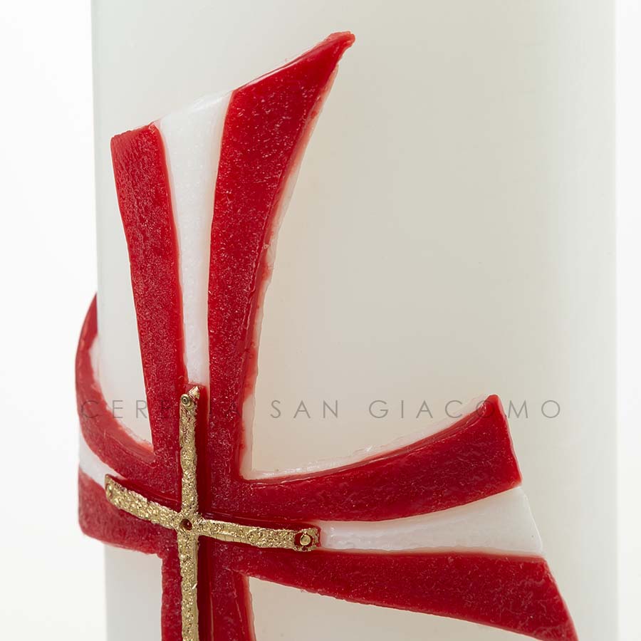 Cero Pasquale in cera bianca completo di immagini in cera in rilievo "Croce Rossa e Bianca"