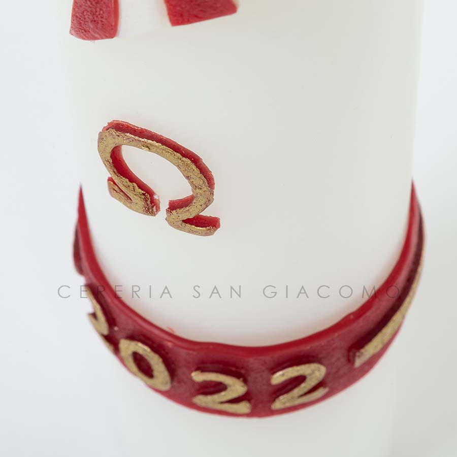 Cero Pasquale in cera bianca completo di immagini in cera in rilievo "Croce Rossa e Bianca"