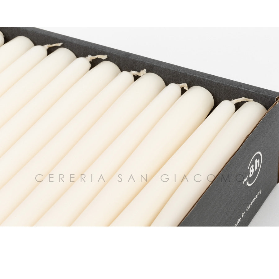 Ivory conical candles Ø23 mm. h250 mm. lasts 8 hours, pack of 48 pieces