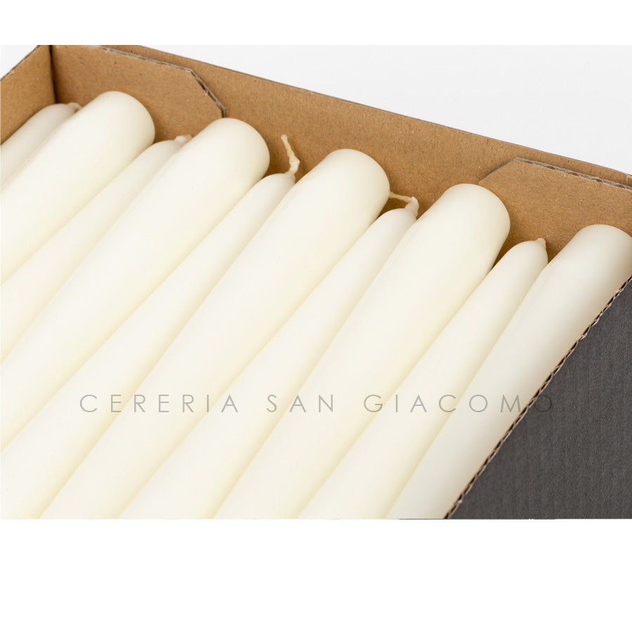 Ivory conical candles Ø25 mm. h 250 mm. duration 8 hours box of 50