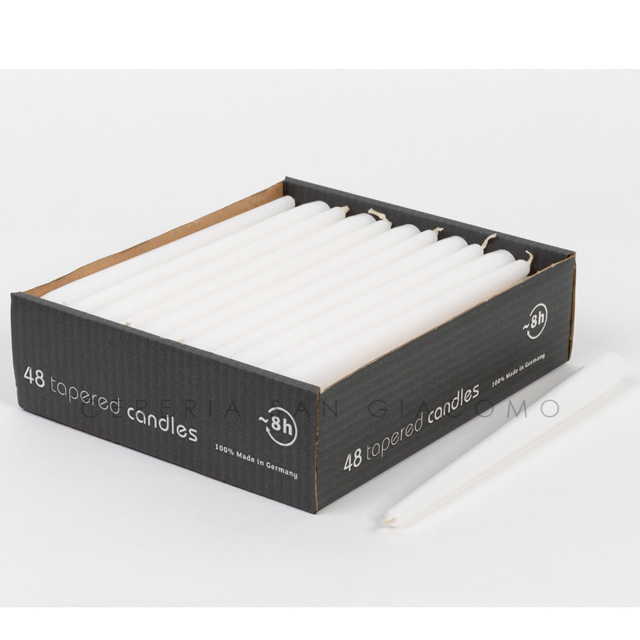White conical candles Ø 23 mm. h 250 mm. lasts 8 hours, pack of 48 pieces
