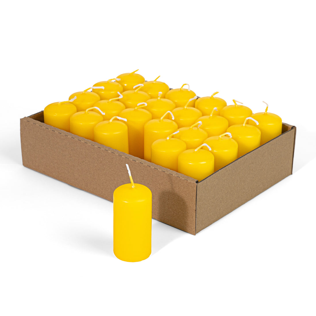 Candele Cilindriche Ø40 mm . h 80 mm. Gialle in vassoio da 24 pezzi durata ±18 ore