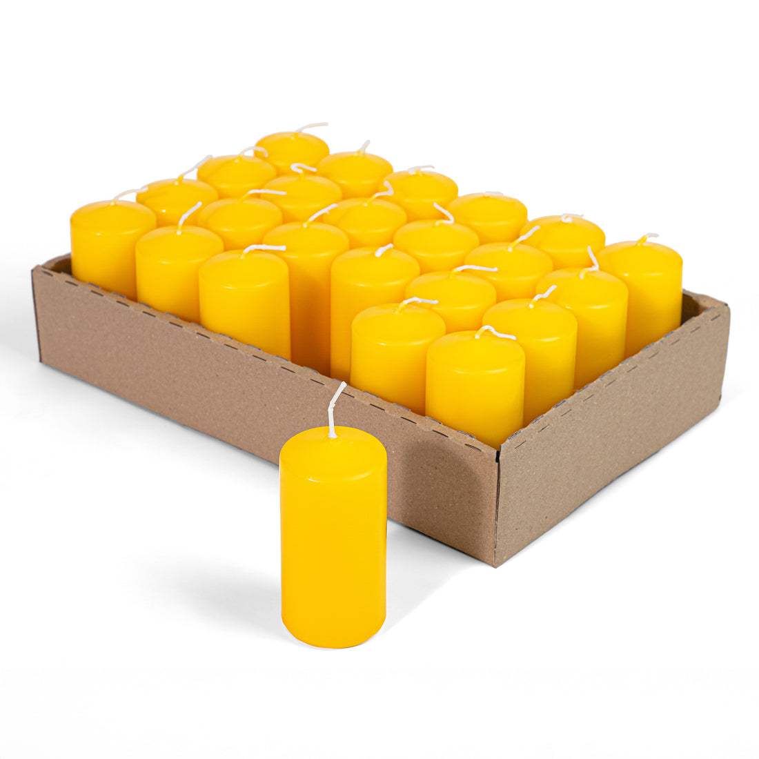 Candele Cilindriche Ø50 mm . h 100 mm. Gialle in vassoio da 24 pezzi durata ±33 ore