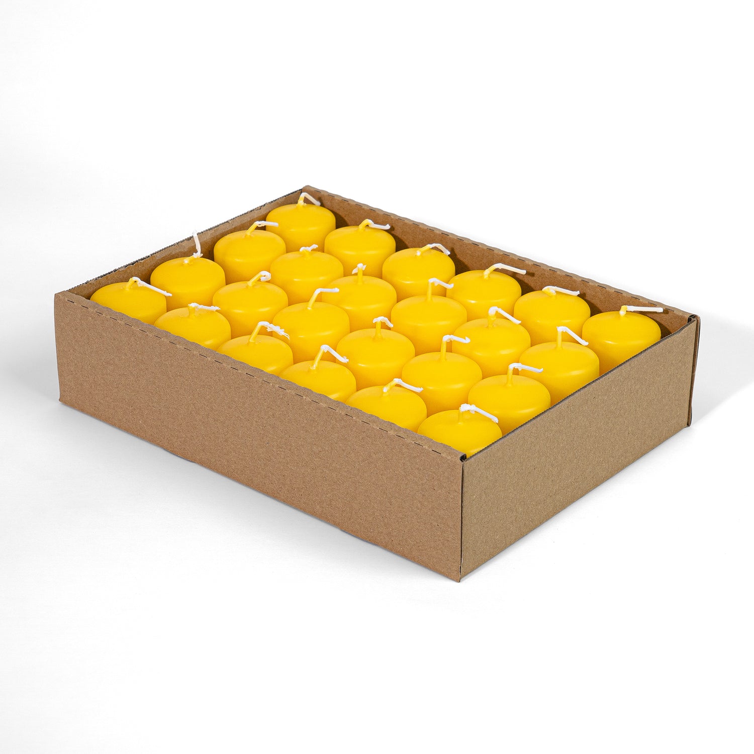 Zylindrische Kerzen, Ø 40 mm, Höhe 60 mm. Gelb, 24 Stück pro Tablett, Brenndauer ± 9 Stunden