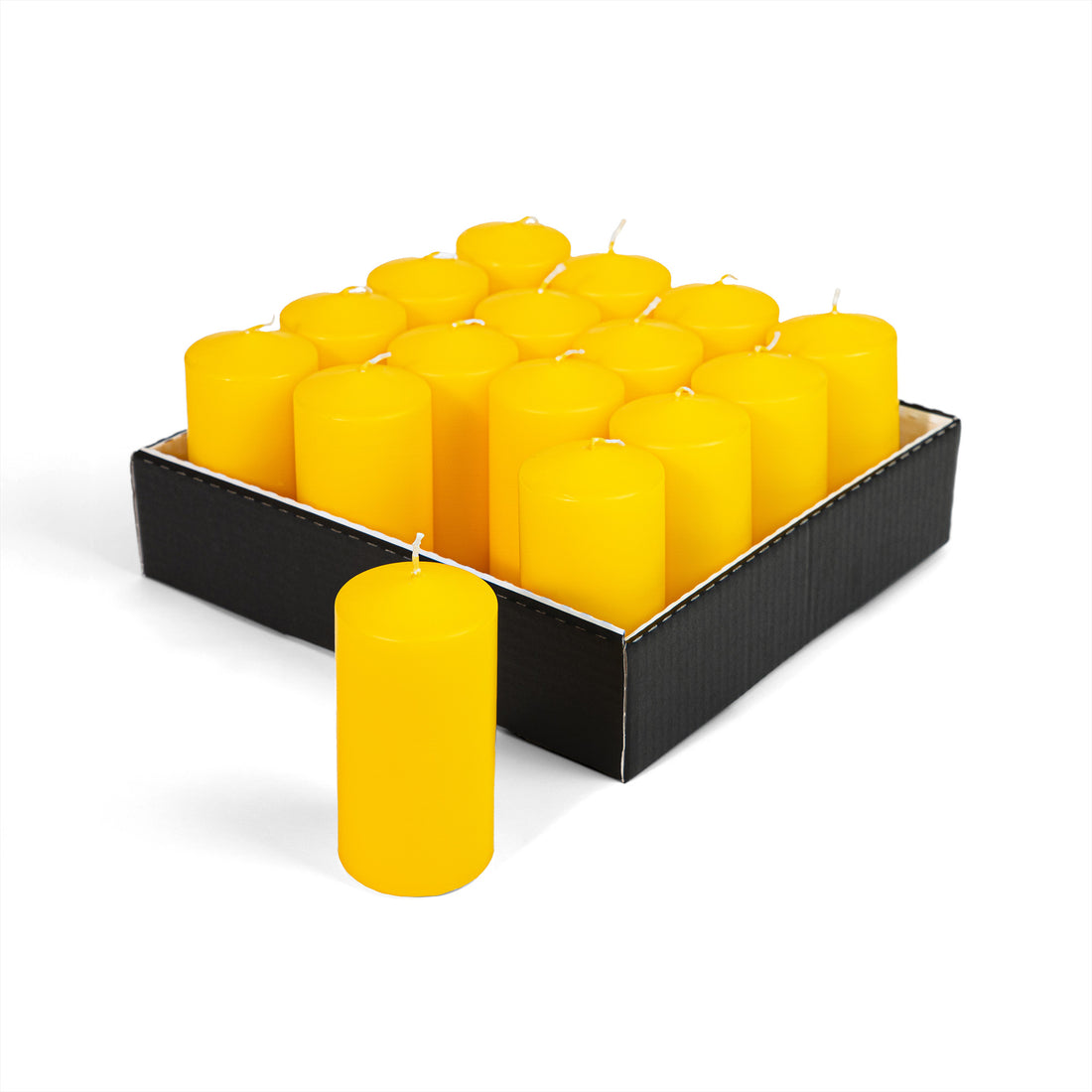 Candele Cilindriche Ø60 mm . h 120 mm. Gialle in vassoio da 16 pezzi durata ±51 ore