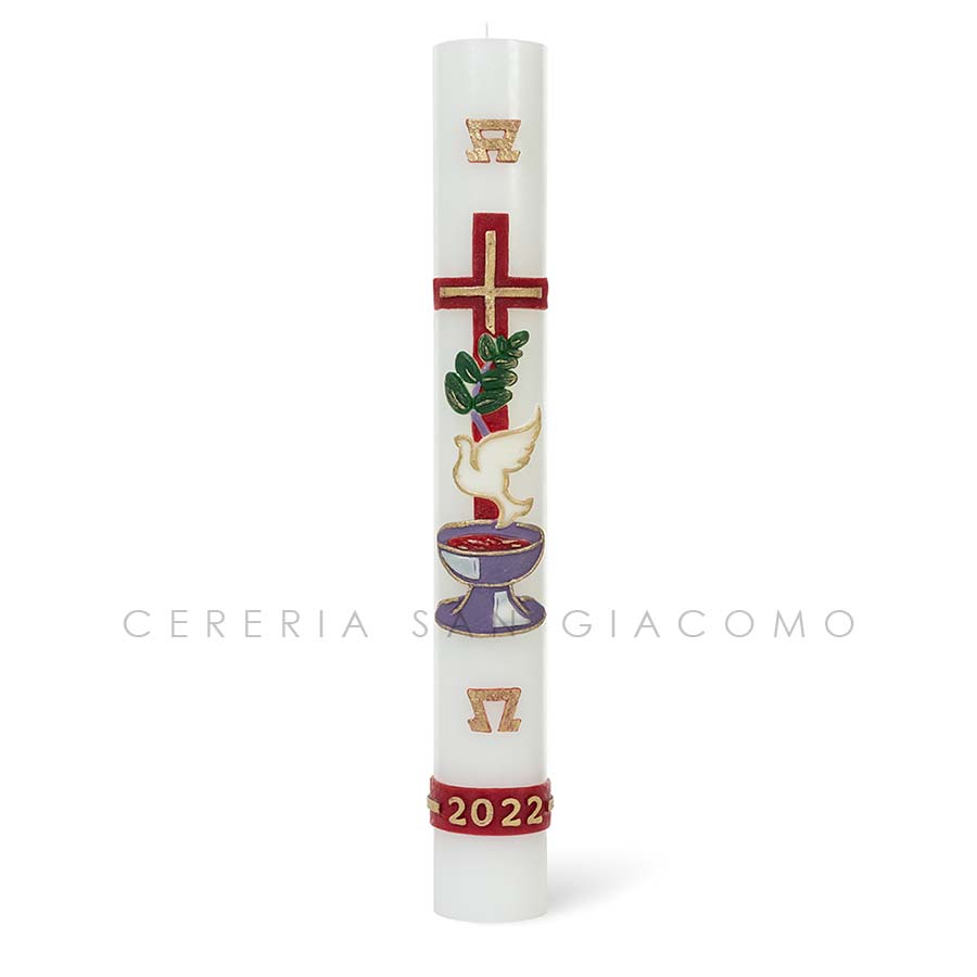 Paschal candle in white wax complete with embossed wax images "Cross, Dove and Chalice"