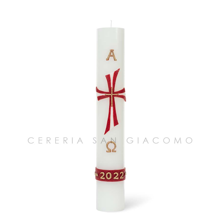 Paschal candle in white wax complete with embossed wax images "Red and White Cross"