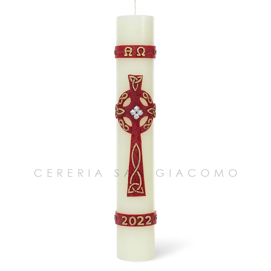 Paschal candle in white wax complete with embossed wax images "Holy Trinity Cross"