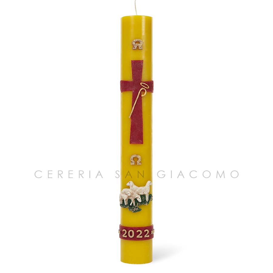 Easter candle in beeswax complete with embossed wax images "Cross The Good Shepherd"