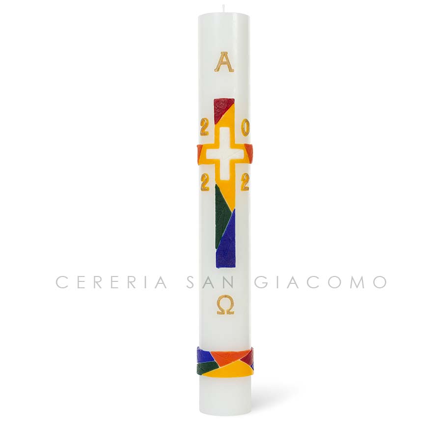 Easter candle in white wax complete with embossed wax images "Multicolored Cross"