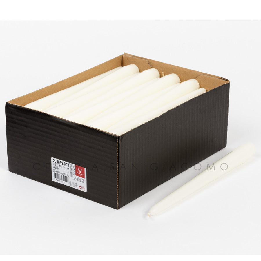 Ivory conical candles Ø25 mm. h 250 mm. duration 8 hours box of 50
