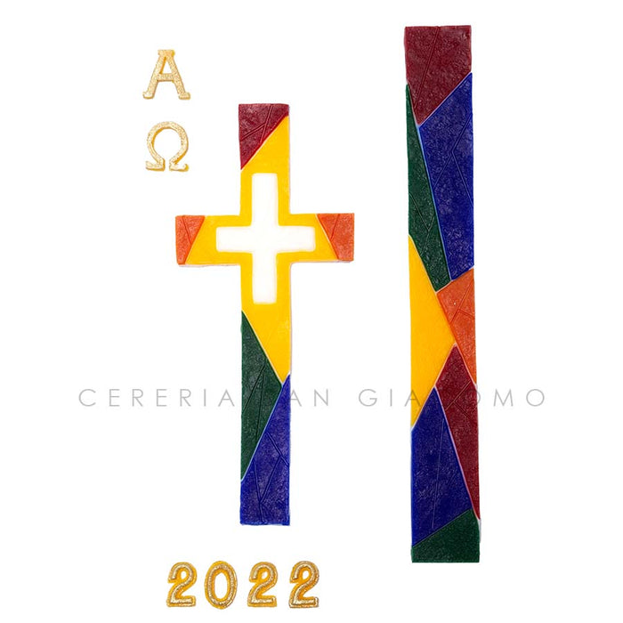"Croce Multicolore" Decorazione in cera in rilievo per cero Pasquale