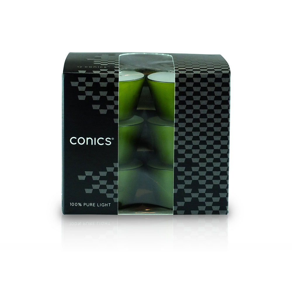 Lumini "Conics" contenitore Verde Oliva durata 7 ore confezione da 12 Candele-cereriasangiacomo